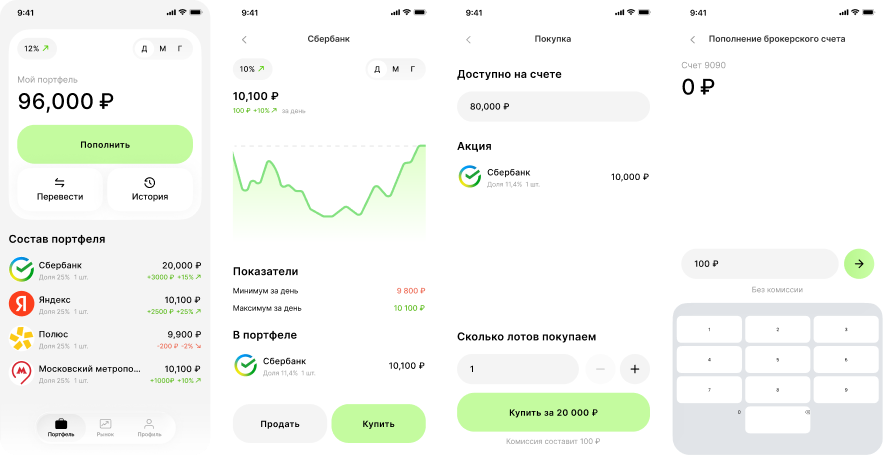 Портфель после покупки, экран акции и пополнение через СБП