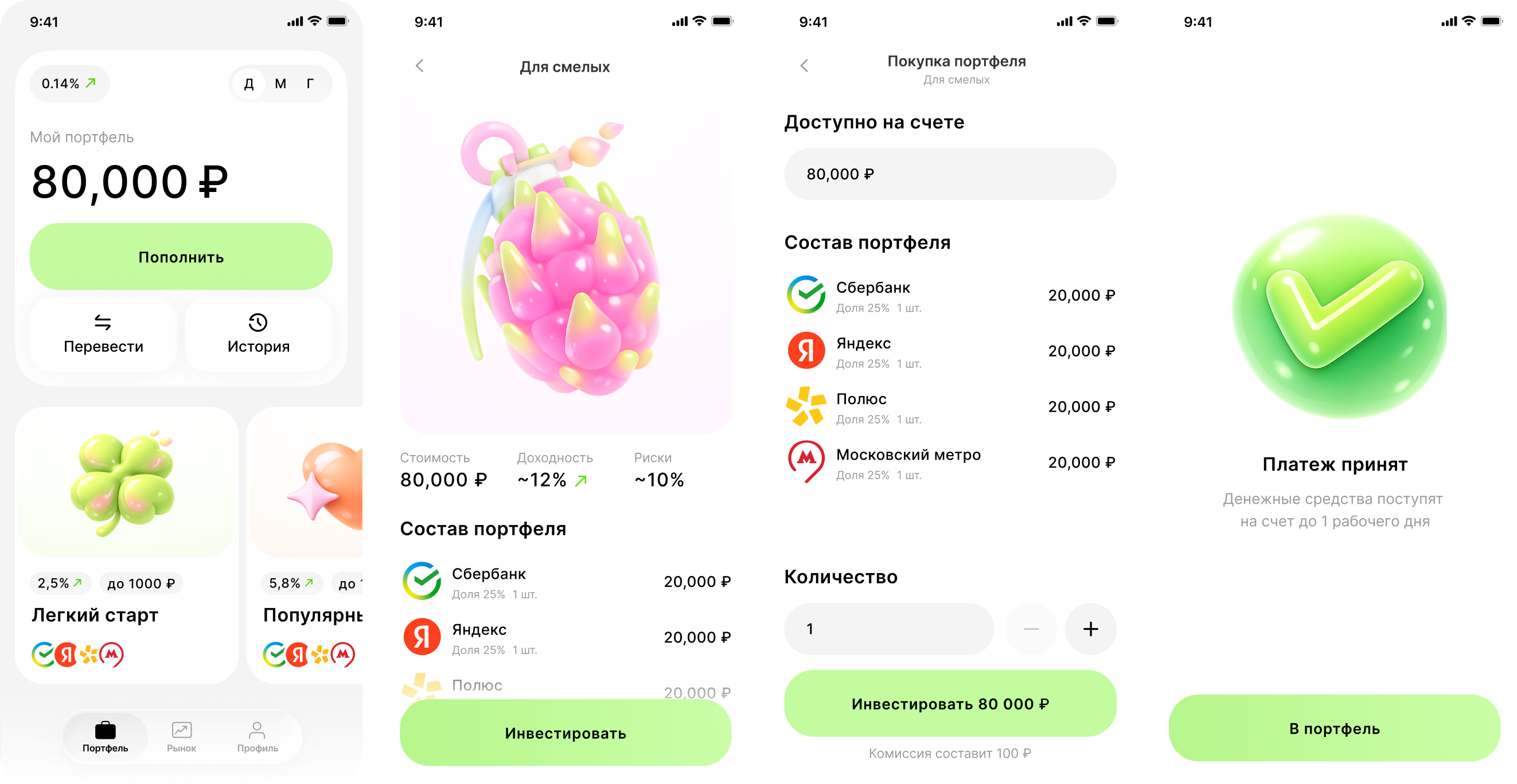 Главный экран Invest X, карточка пакета и сценарий покупки портфеля